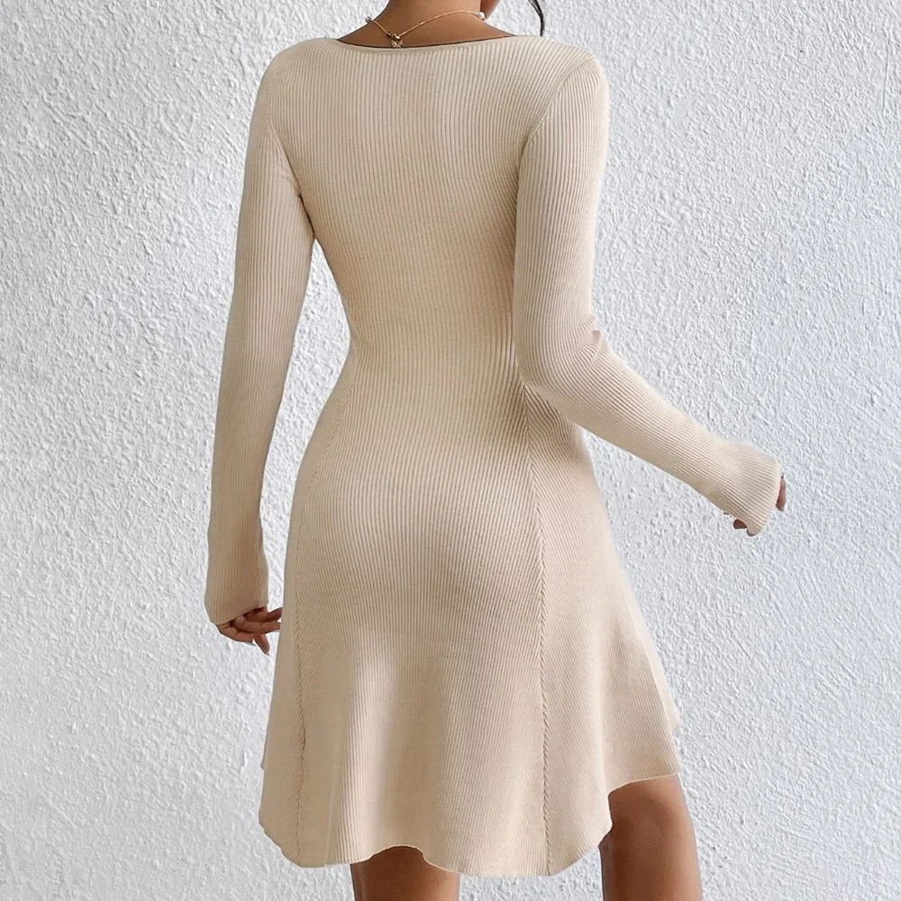 Apricot Preppy Womens Sweetheart Neck Ribbed Knit Sweater Dress - Picture 2 of 5